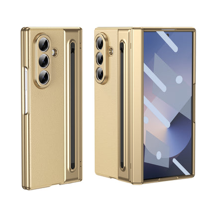 Suitable for Samsung Z Fold8 Ultra Gold Armor Pen Slot Folding Phone Case Plain Leather Shockproof 7/6 Case Film Protective Cover